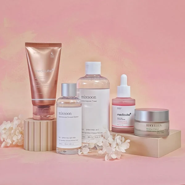 Korean Glass Skin Barrier set with Mixsoon Galactomyces toner and essence, Medicube peptide serum, collagen night mask and TirTir Ceramic Cream