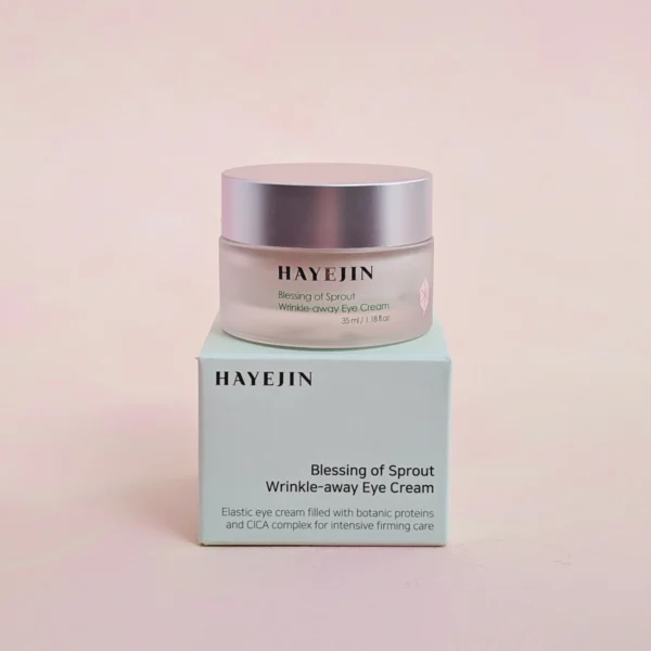HayeJin Blessing of Sprout Wrinkle-away Eye Cream jar on pastel background – hydrating Korean eye cream with Centella and ceramides
