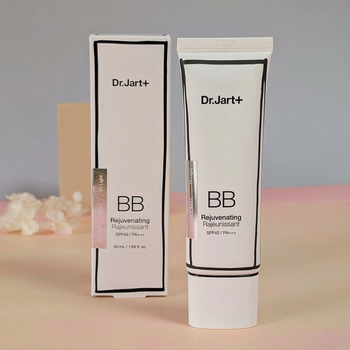 Dr.Jart+ BB Rejuvenating Beauty Balm SPF40 PA+++ Shade 01 Light with box Korean BB cream on pastel background
